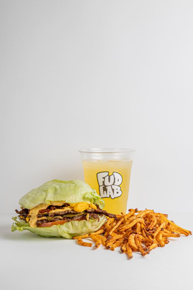 Green Monster, double smash in lettuce with fries and Fud Lab lemonade