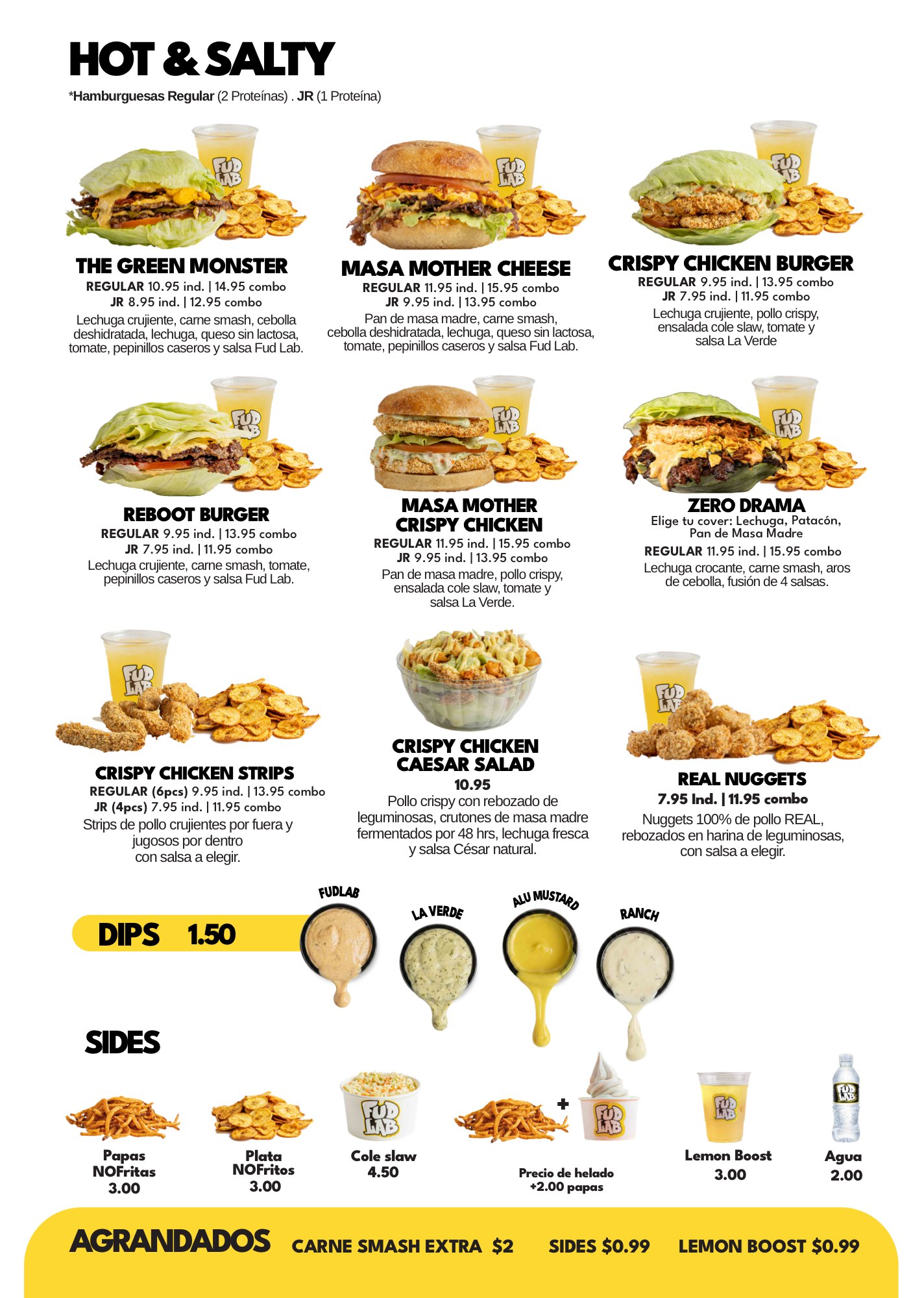 Carta Fud Lab, página 1: hamburguesas, pollo, ensaladas, sides y salsas