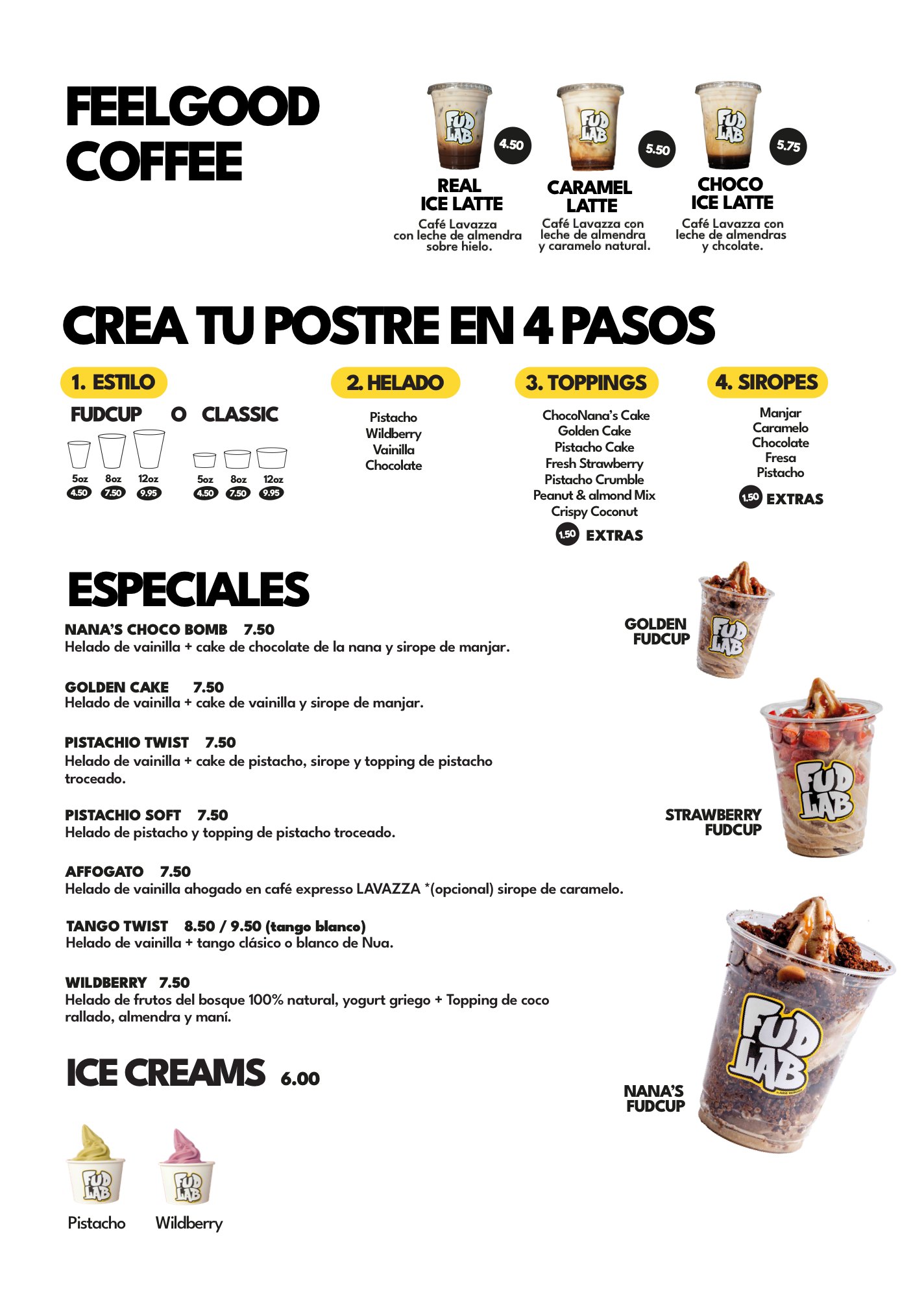 Carta Fud Lab, página 2: helados, cafés y postres del Fud Bar